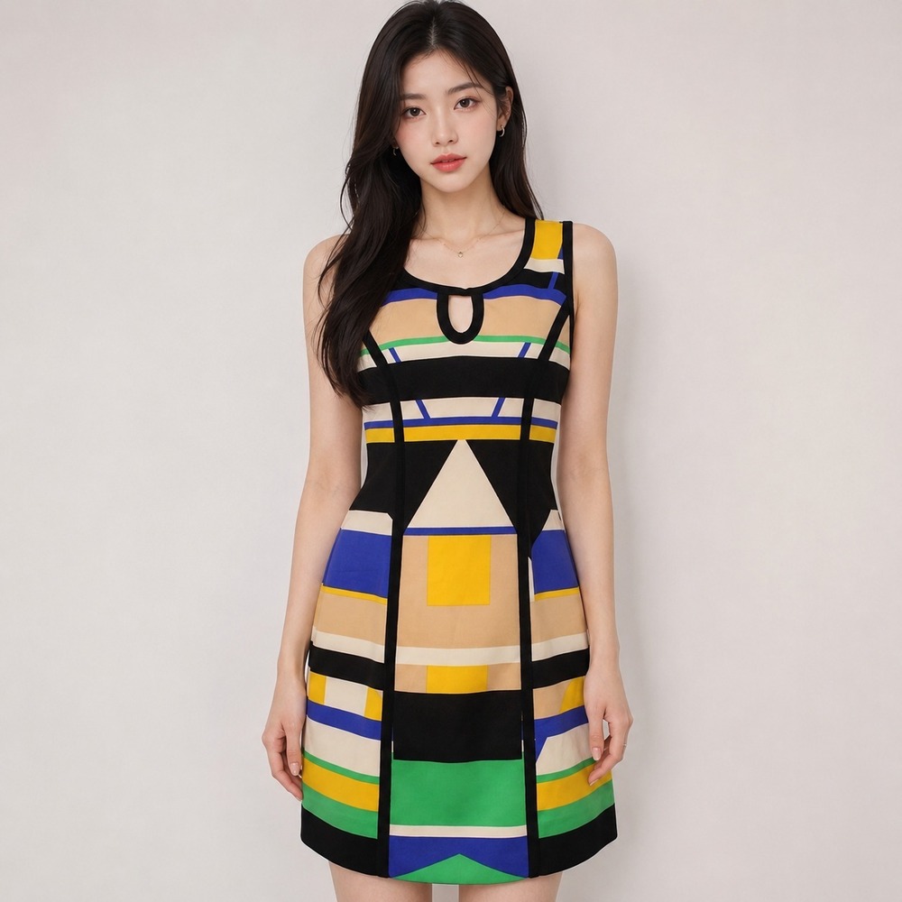 Miss Sixty M60 Dress Abstract Geometric Colorblock Mod Sheath Bodycon Chic SZ 6